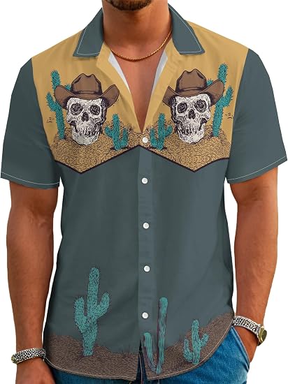 Men's Hawaiian Shirt Short Sleeve Funny Toucan Cowboy Print Western Vintage Button Down Tropical Bird Casual Shirts - skull tshirt