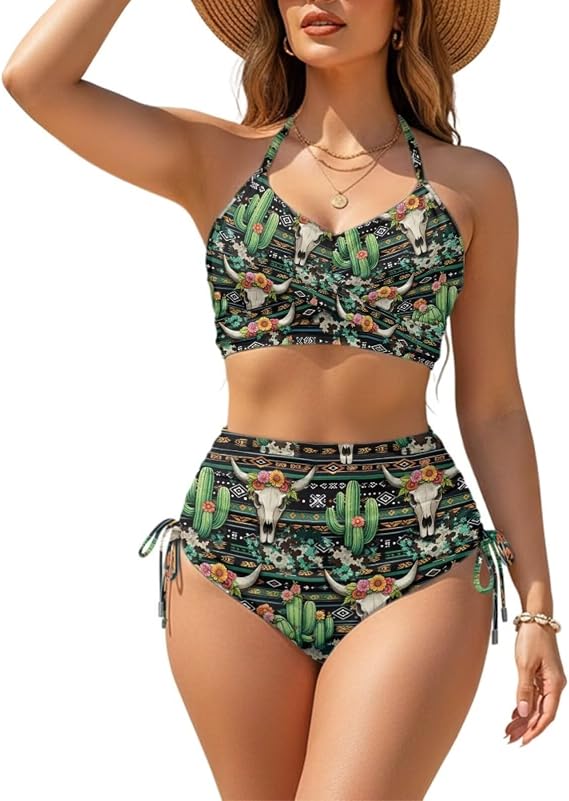 Women Swimsuits Crisscross Tie Back 2 Piece Bathing Suits High Waisted Tummy Control Summer Bikini Swimsuits - skull swimsuit