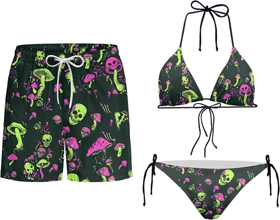 Couples Matching Swimsuits Men's Swim Trunk Quick Dry Hawaiian Shorts with Pocket Swimwear Bathing Suits - skull swimsuit