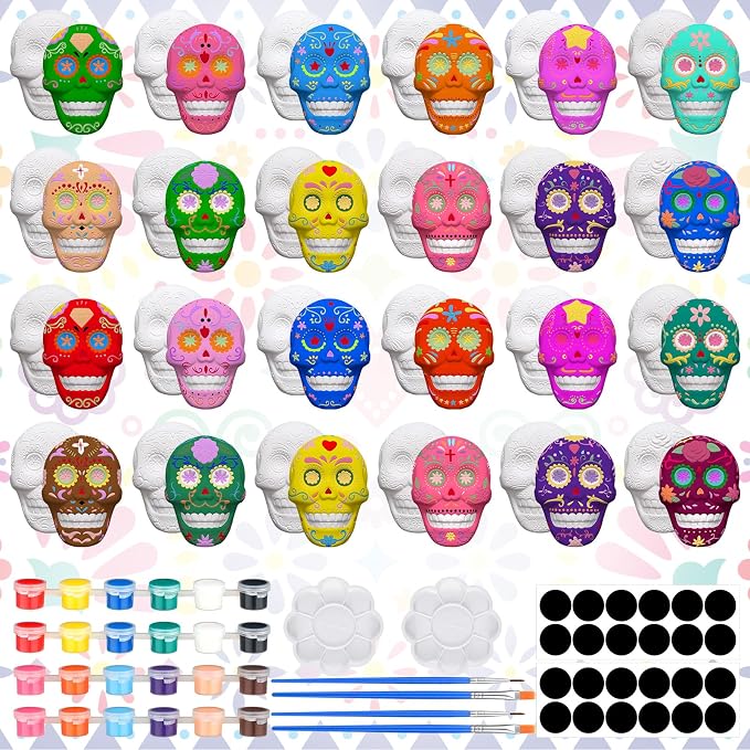 Junkin 24 Sets Ceramic Painting Kit Sugar Skull Ceramics Painting Crafts - skull figurine