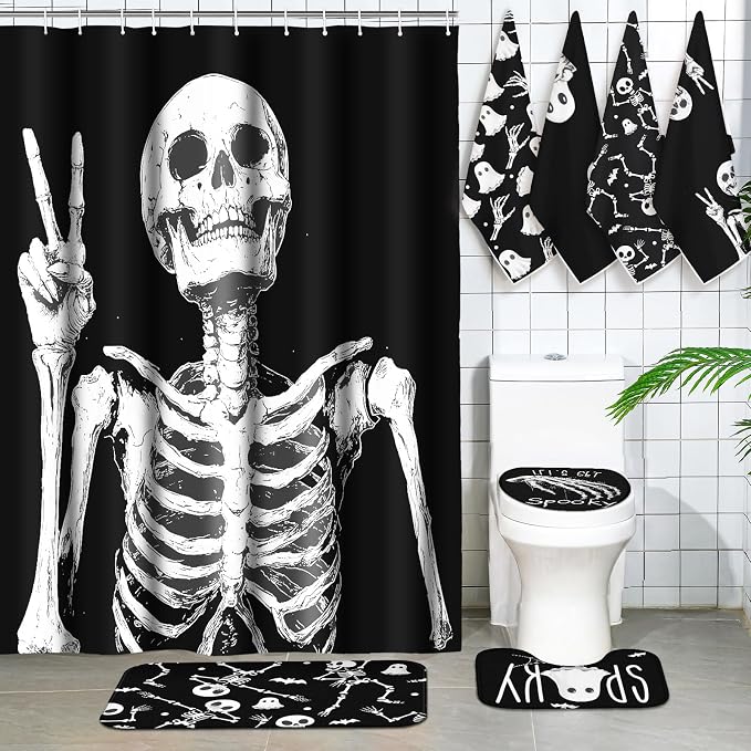 Honoson 8 Pcs Halloween Skeleton Bathroom Shower Curtain Set with Rugs