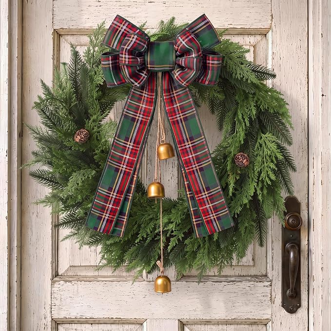 Thiccywoov 24 Inch Christmas Wreath with Bells and Tartan Ribbon, Green - skull wreath