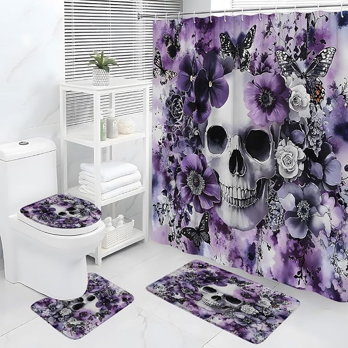 4 Pcs Bathroom Sets Skull Flower Purple Floral Skeleton Butterfly Gothic Witchcraft Halloween Shower Curtain with Rugs(Bath Mat,U Shape and Toilet Lid Cover Mat) and Hooks 70x70 Inch + 18x30 Inch - skull toilet mat