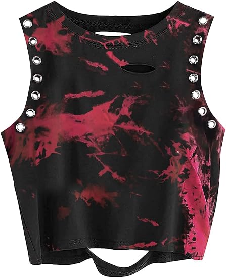 Remidoo Women's Tie Dye Crop Tank Tops Grommet Punk Rock Distressed Shirt - skull tank tops