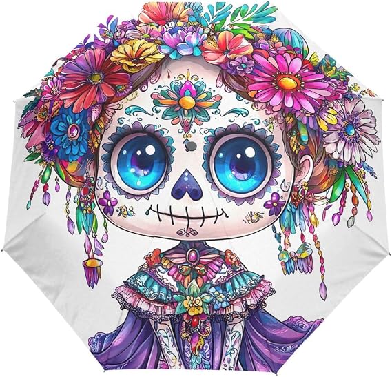 GAIREG Cute Female Sugar Skull Umbrella for Rain, Auto Open Close, Compact Umbrella for Travel, Backpack Purse Portable, Ideal for Women - skull backpack
