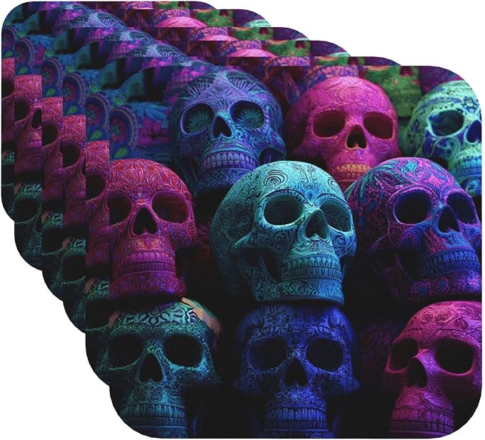 Drink Coaster Set of 6 Leather Coasters Colorful Sugar Skulls Coasters for Drinks Round PU Beverage Cup Mat Heat Resistant Cup Mat for Coffee Table Home Decor Tabletop Protection Mats - skull coaster