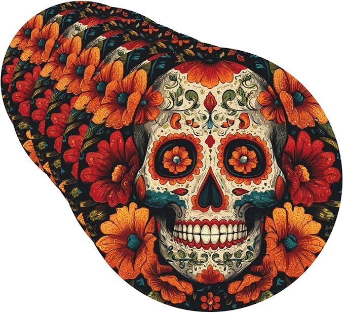 Drink Coaster Set of 6 Leather Coasters Colorful Sugar Skull Coasters for Drinks Round PU Beverage Cup Mat Heat Resistant Cup Mat for Coffee Table Home Decor Tabletop Protection Mats - skull coaster