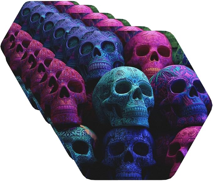 Drink Coaster Set of 6 Leather Coasters Colorful Sugar Skulls Coasters for Drinks Round PU Beverage Cup Mat Heat Resistant Cup Mat for Coffee Table Home Decor Tabletop Protection Mats - skull coaster