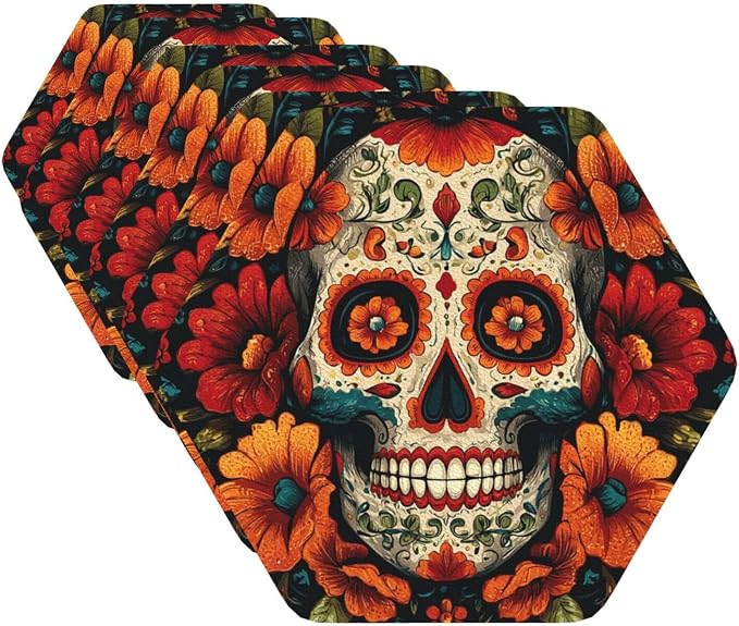 Drink Coaster Set of 6 Leather Coasters Colorful Sugar Skull Coasters for Drinks Round PU Beverage Cup Mat Heat Resistant Cup Mat for Coffee Table Home Decor Tabletop Protection Mats - skull coaster
