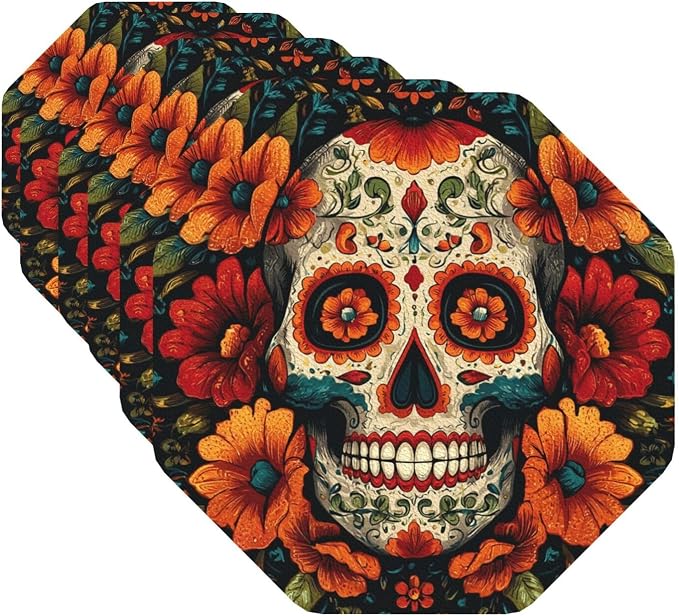Drink Coaster Set of 6 Leather Coasters Colorful Sugar Skull Coasters for Drinks Round PU Beverage Cup Mat Heat Resistant Cup Mat for Coffee Table Home Decor Tabletop Protection Mats - skull coaster