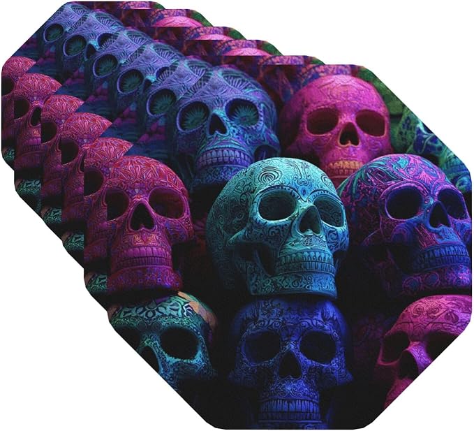 Drink Coaster Set of 6 Leather Coasters Colorful Sugar Skulls Coasters for Drinks Round PU Beverage Cup Mat Heat Resistant Cup Mat for Coffee Table Home Decor Tabletop Protection Mats - skull coaster