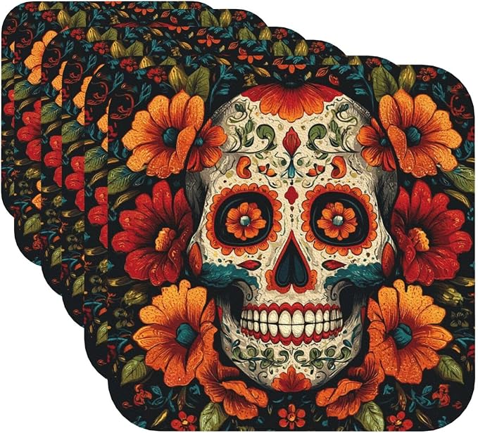 Drink Coaster Set of 6 Leather Coasters Colorful Sugar Skull Coasters for Drinks Round PU Beverage Cup Mat Heat Resistant Cup Mat for Coffee Table Home Decor Tabletop Protection Mats - skull coaster