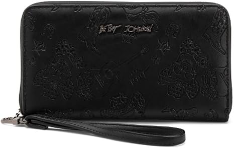 Betsey Johnson Western Skulls Wristlet Wallet, Black, Embossed Skull Design with Detachable Strap, 8x4.5 Inches - sugar skull handbags for sale