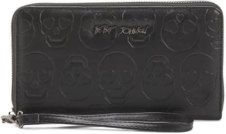 Betsey Johnson Skulls Wristlet Wallet, Black, Embossed Skull Design with Detachable Strap, 8×4.5 Inches