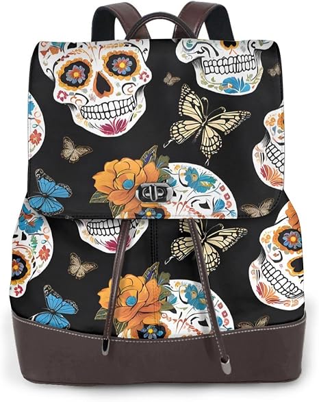 Sugar Skulls Print Women'S Leather Backpack – Genuine Leather, Soft, Durable, Multi-Pocket Travel Daypack - skull backpack