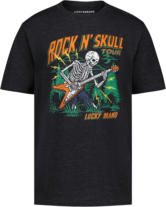 Lucky Brand Boys' Short Sleeve Graphic Crew Neck T-Shirt, Soft, Comfortable, Relaxed Fit - skull tshirt