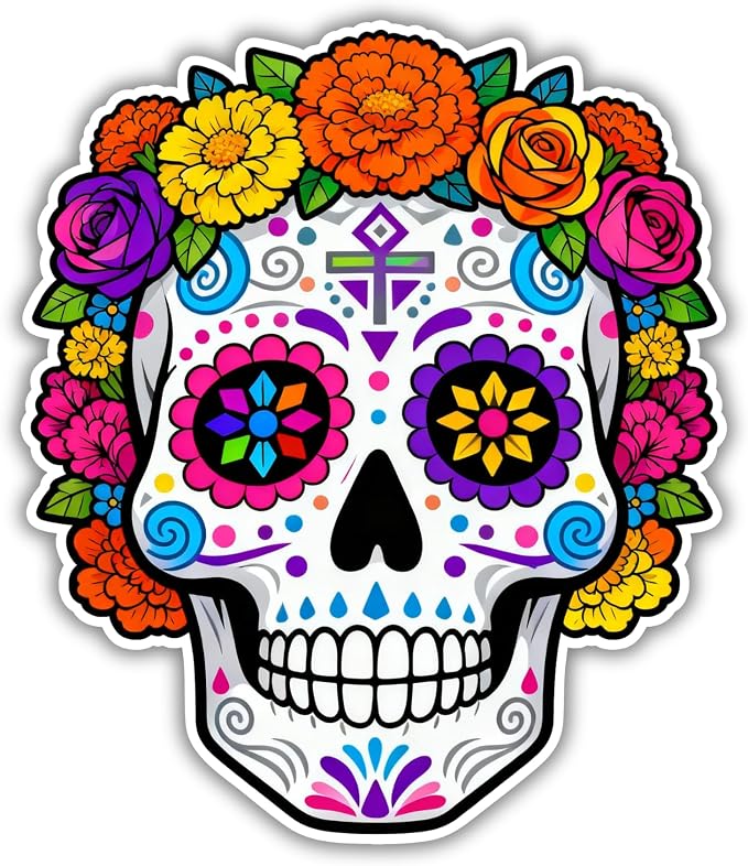 Sugar Skull Vinyl Sticker, 5 x 4.3 Inches, Waterproof Decal for Home, Windows, Waterbottle, Trucks, Cars, Laptop - skull sticker