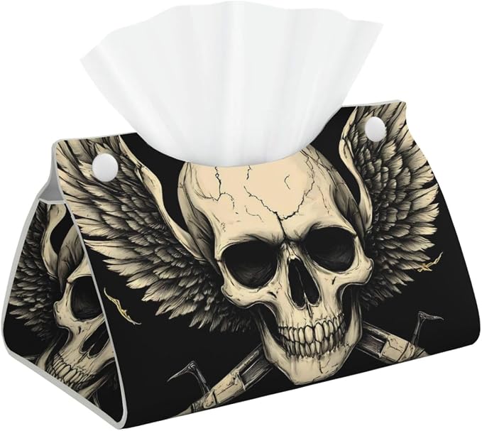 Gothic Winged Skull Print Rectangular Tissue Box Holder, Long PVC Leather Tissue Cover for Table Counter Bathroom Office and Car - skull toilet paper