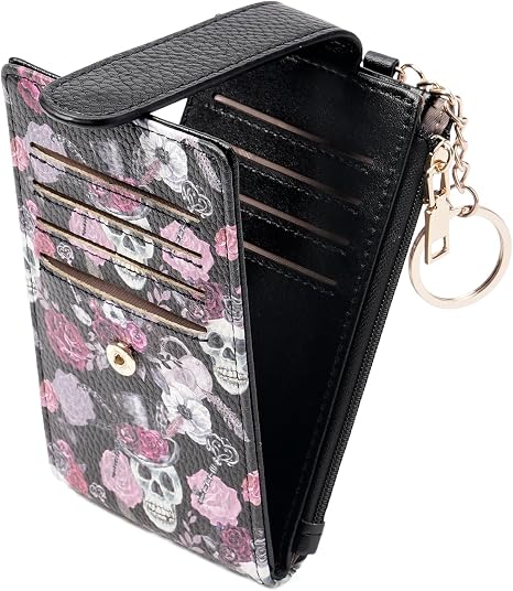 GOIACII RFID Slim Card Holder Wallet with ID Window Thin Bifold Wallet for Womens Zipper Coin Pocket Goth Skull & ROSE