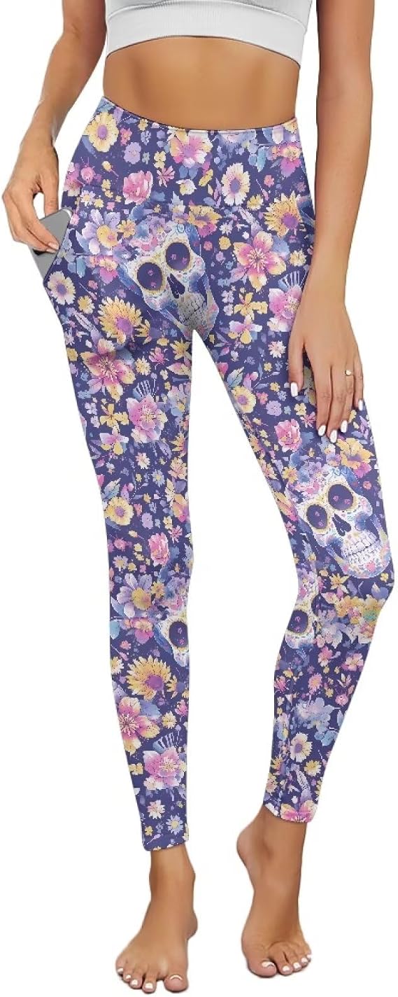 Damask Ditsy Floral Yoga Pants for Women, Floral Skull High Waisted Running Athletic Workout Tights with Pockets - skull leggings