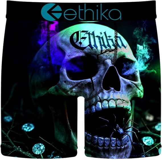 Ethika Men's Mid Boxer Brief, Death's Treasure - skull swimsuit