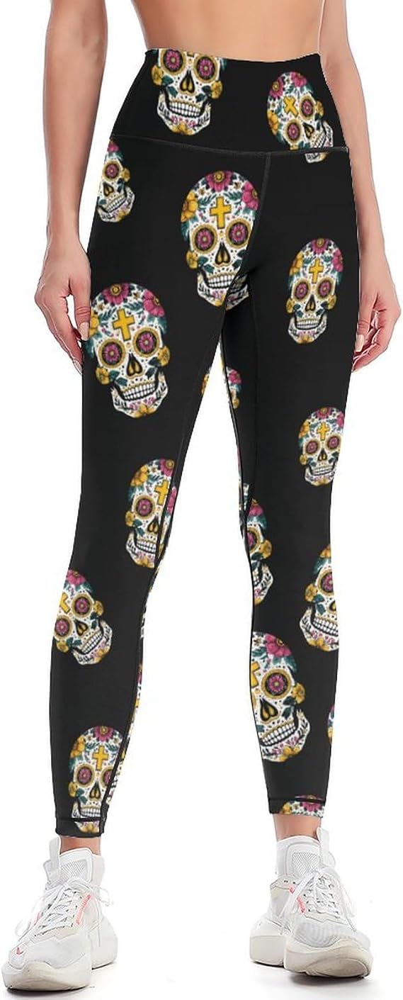 Mexican Sugar Skull Funny Women's Yoga Pants Novelty High Waist Workout Running Leggings - skull leggings