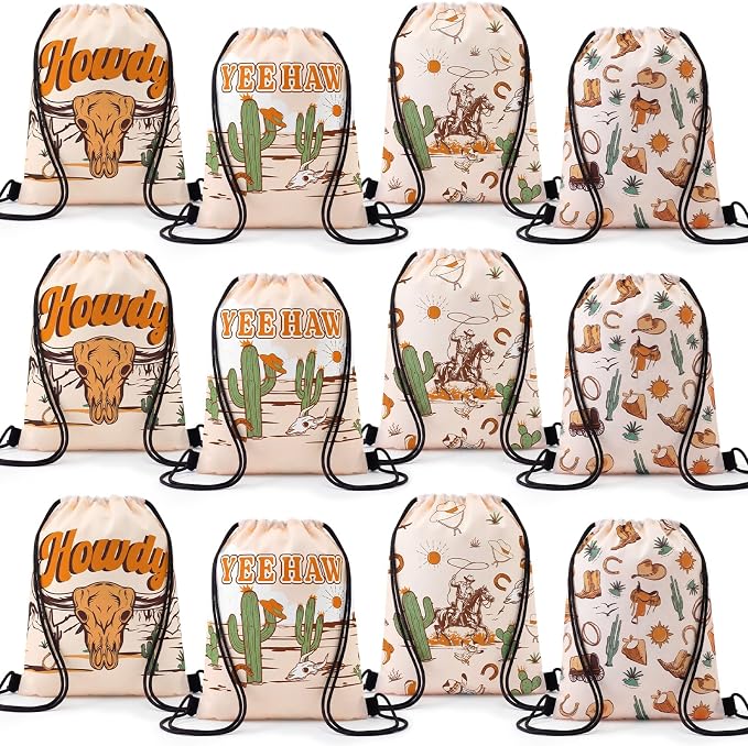 Aliceset 20 Pack Western Cowboy Drawstring Backpack Bulk, 11.8x9.8 Inch - skull backpack