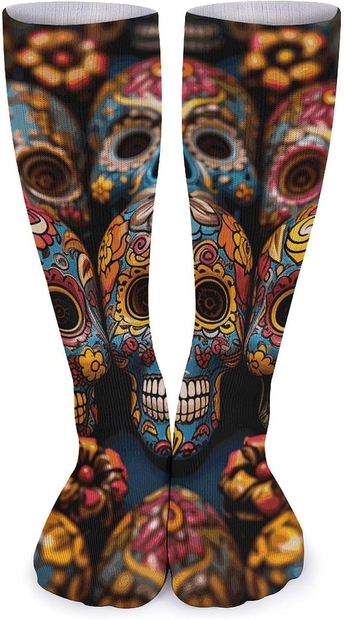 Mid-Calf Socks for Women Men, Breathable Colorful Sugar Skulls Stockings for Sports, Casual Long Sock for Work - sugar skull costume