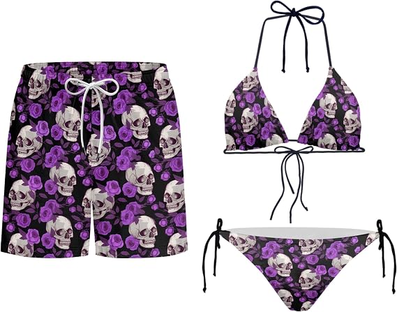 Couples Matching Swimsuits Men's Swim Trunk Quick Dry Hawaiian Shorts with Pocket Swimwear Bathing Suits - skull swimsuit
