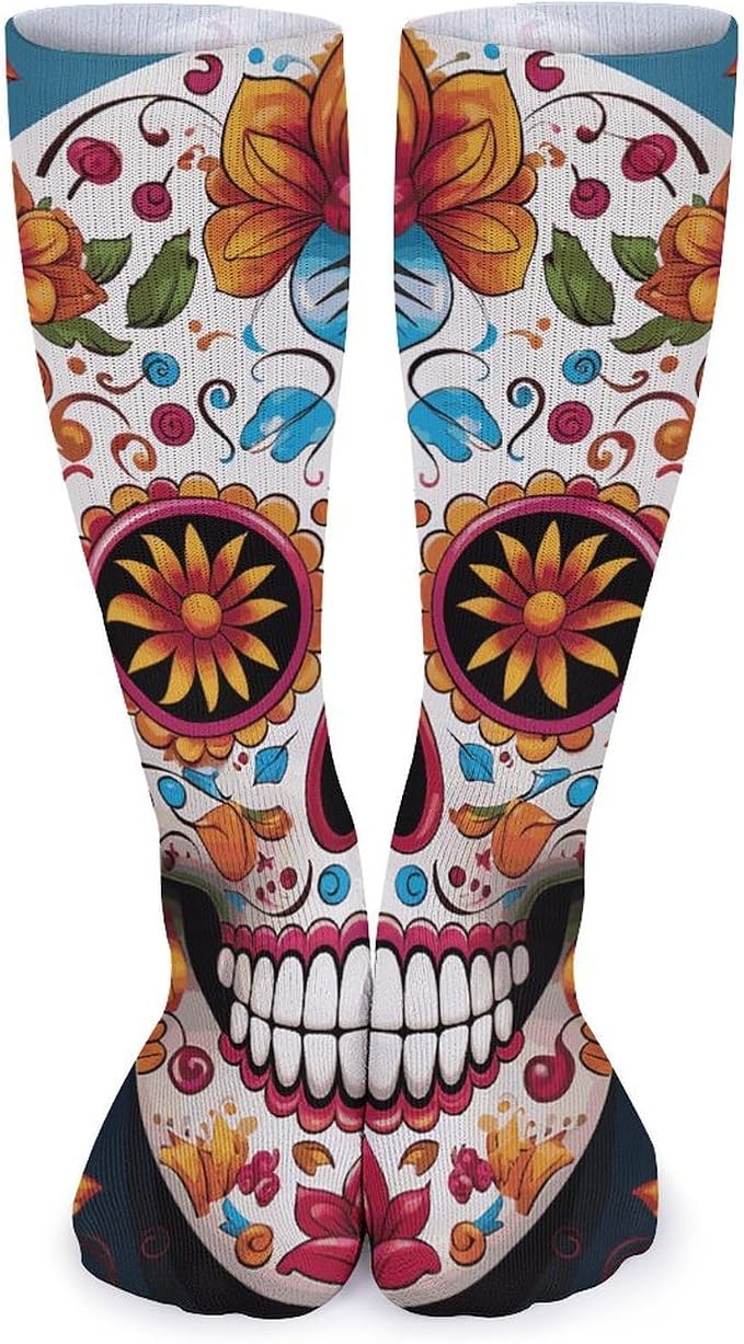 Mid-Calf Socks for Women Men, Breathable Colorful Sugar Skull Stockings for Sports, Casual Long Sock for Work - sugar skull costume