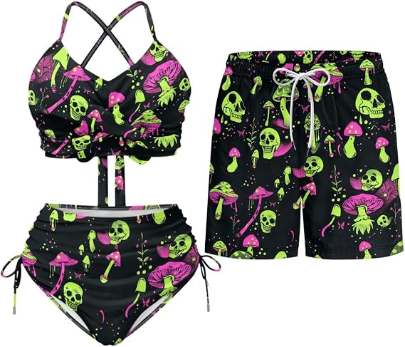 TOADDITDO Couples Matching Swimsuits Bikini Sets for Women Two Piece or Men Board Shorts with Pocket for Summer Vacation - skull swimsuit