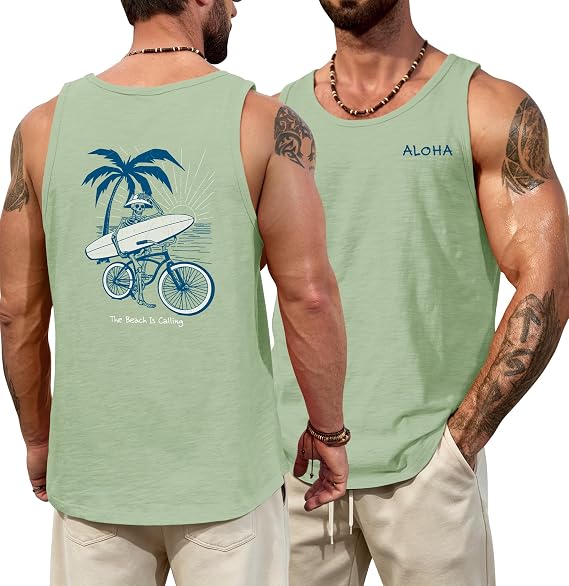 VOGSTART Mens Graphic Muscle Tank Top Beach Slub Cotton Sleeveless Shirts - skull tank tops