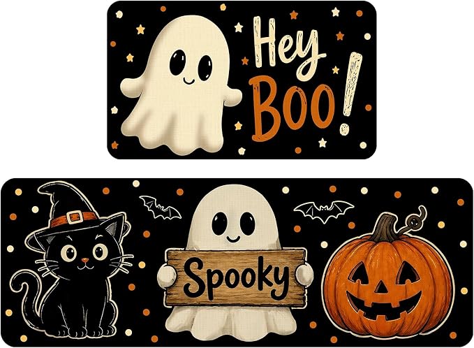 Halloween Kitchen Mats Set of 2, 17x29 and 17x47 Inch - skull floor mat