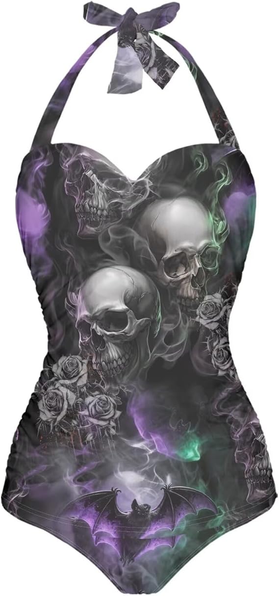 One Piece Swimsuit Women's Cosy Swimwear with Halter Strap Bathing Suit Monokini for Ladies Swimming Surfing - skull swimsuit
