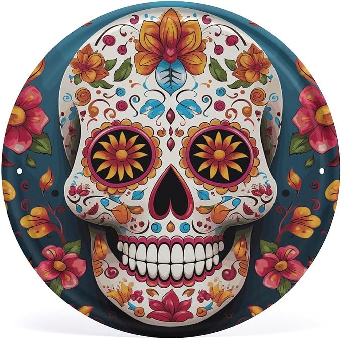 Colorful Sugar Skull Iron Wall Art Circular Retro Tinplate Metal Hanging Picture for Porch, Farmhouse, Bathroom Decor, Modern Home & Outdoor Wall Decorations 11.8 Inch - skull wall art