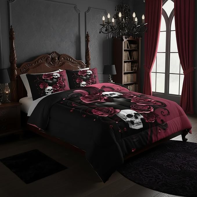 QOOMO 3Pcs Red Rose Skull Comforter Set Queen,Gothic Bedding Set - skull bedding