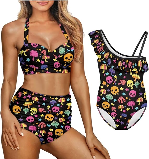 Mommy and Me Swimsuits Matching Sexy Bikinis for Women Girls Ruffle One Piece Bathing Suits Summer Beachwear - skull swimsuit