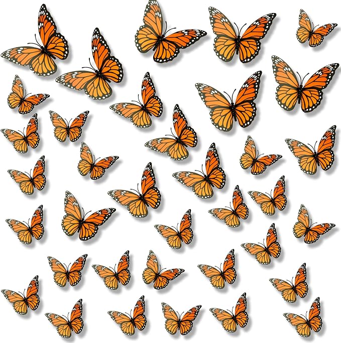 36 Pieces Monarch Butterfly Decorations 3D Orange Fake Butterflies Dia De Los Muertos Butterfly Monarch Butterfly Wall Decal Decor Artificial Butterflies Crafts for Day of The Dead Halloween Decor - skull sticker