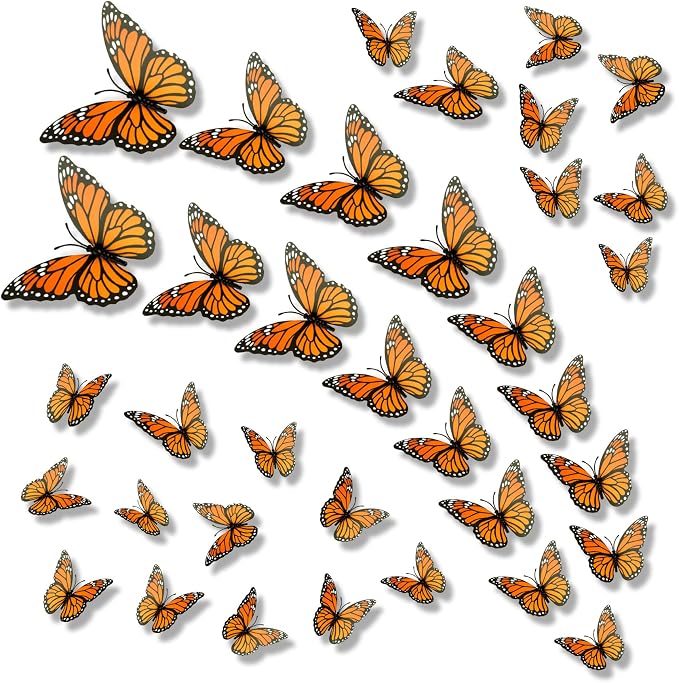 36 Pcs Monarch Butterfly Decorations 3D Halloween Butterfly Wall Decor 3 Size Orange Artificial Butterflies for Craft Home Wall Wedding Birthday Day of The Dead Halloween Party - skull sticker