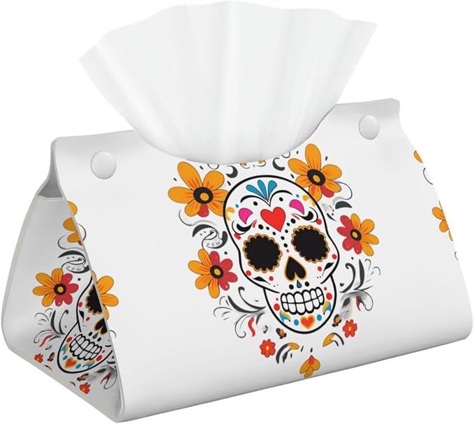 Day of the Dead Prints Leather Tissue Box Cover - Waterproof Foldable Decorative Organizer for Bathroom, Living Room & Office - skull toilet paper