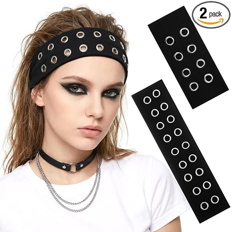2pcs Black Headband with Holes, Grommet Headbands for Women, Goth Eyelets Headband, Elastic Goth Garment Headbands, Rock Punk Hair Accessory Fashionable Hairbands for Women And Men - skull headband