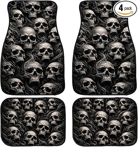 4 Piece Skull Car Floor Mats Full Sets Gothic Dark Skeleton Smoke Pattern Automotive Foot Mats Rugs Carpet for Car Non-Slip Auto Car Accessories Universal Fit for Car SUV Truck Van - skull carpet