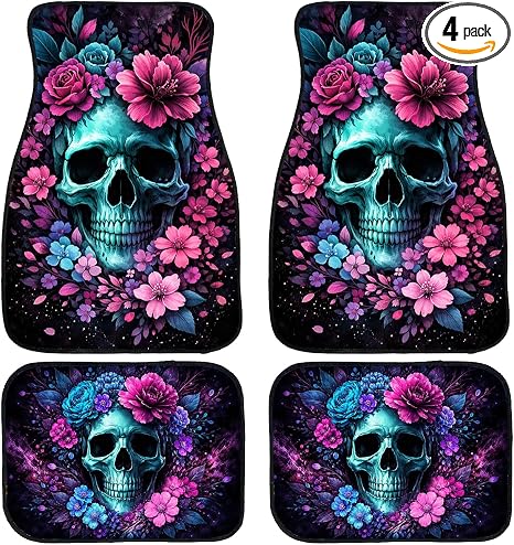 Skull Car Floor Mats Set of 4 Floral Gothic Dark Bloom Art Carpet Front Rear Carpets Mat Decorative Car Floor Carpets Non-Slip Auto Car Accessories Universal Fit for Car SUV Truck Van - skull carpet
