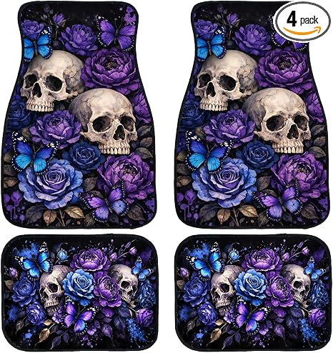 Skull Rose Car Floor Mats Set of 4 Purple Butterfly Dark Floral Automotive Foot Mats Rugs Carpet for Car Non-Slip Auto Car Accessories Universal Fit Car Accessories for Truck - skull floor mat