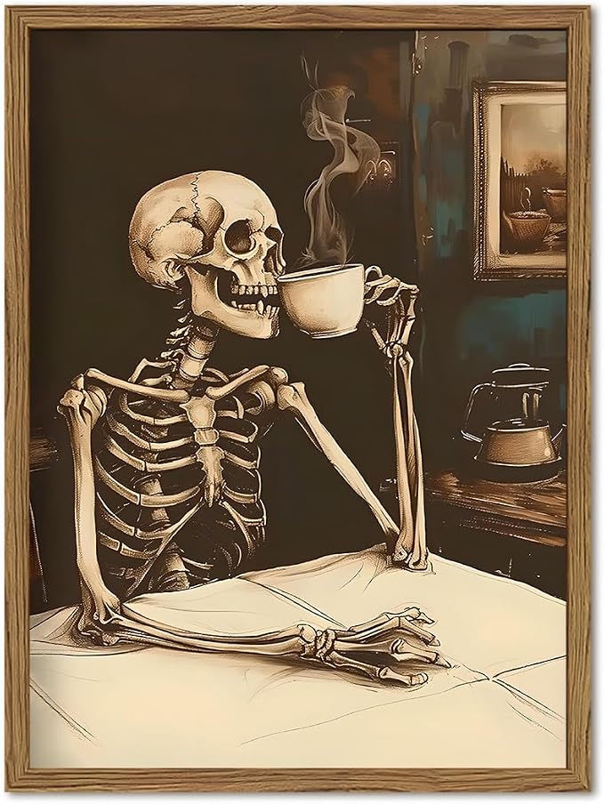 Funny Skeleton Coffee Bar Wall Art Whimsical Skull Drinking Coffee Wall Decor Picture Vintage Gothic Cafe Bar Accessories Poster Canvas Prints for Living Room Kitchen 12×16 inch Wood Framed