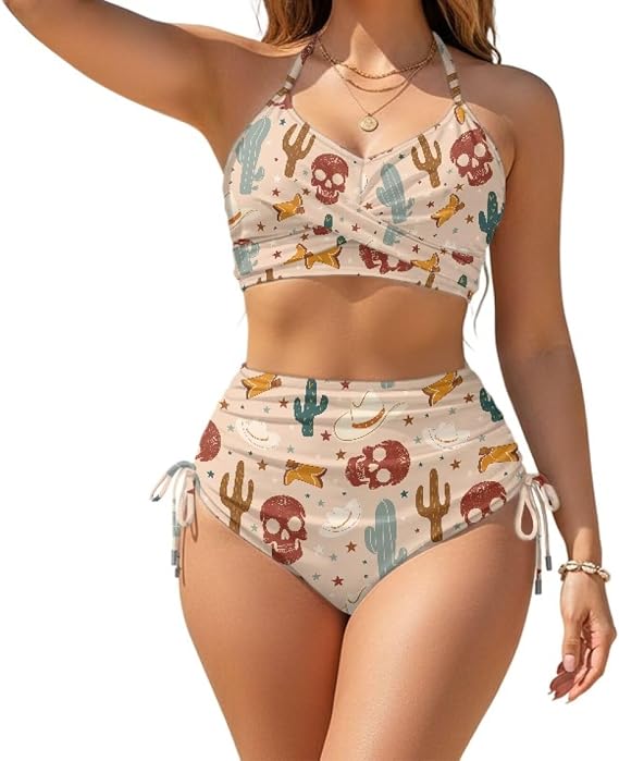 Bikini Sets for Women Highland Cattle High Waisted Swimwear Western Cowboy Cactus Swimsuits Drawstring Ruched Bottom - skull swimsuit