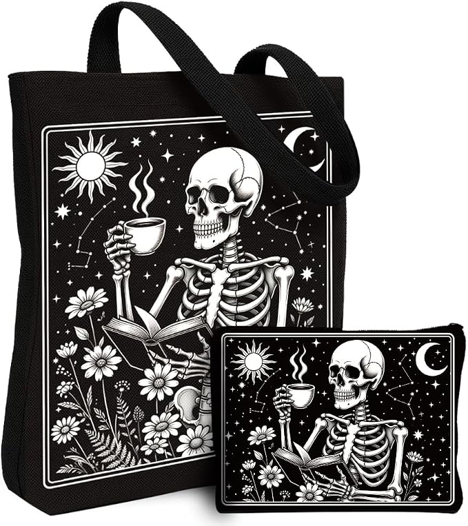2 Pack Canvas Tote Bag with Makeup Pouch Coffee Skull Tote Bag for Women Cosmetic Pouch with Zipper Aesthetic Canvas Bag Reusable Shoulder Totes for Shopping Work Daily Vacation - sugar skull handbags for sale