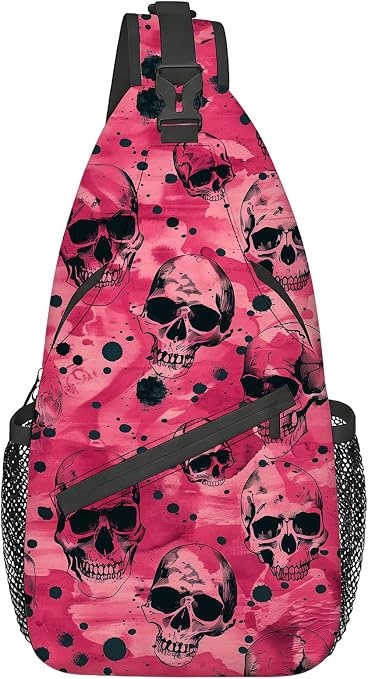 Pattern Sling Bag for Women Men, Pink Skull Pattern Crossbody Backpack Lightweight Shoulder Bag, Small Hiking Daypack Chest Bag for Travel, Walking & Biking (Adjustable Reversible Strap) - skull suitcase