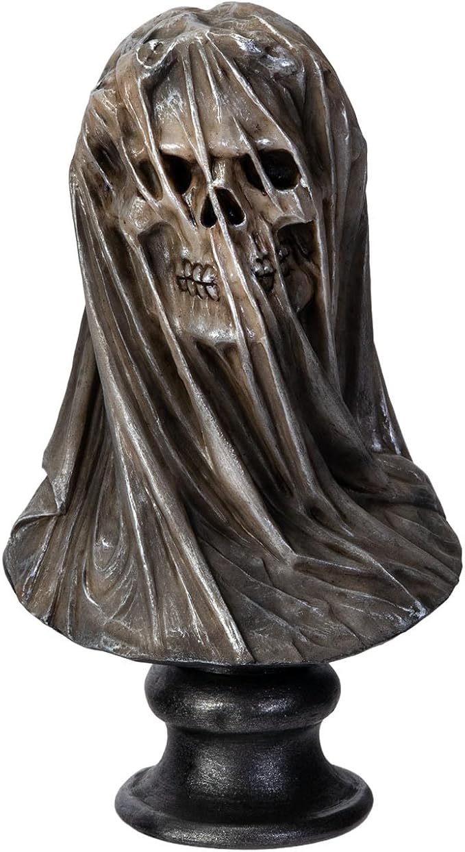 Pacific Giftware Memento Mori Veiled Skull Bust Sculpture, Gothic Draped Shroud Resin Statue on Black Pedestal Base, Dark Macabre Art Home Décor Accent, Halloween Display Collectible 8.1”H - skull figurine