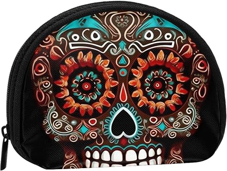 Sugar Skulls Day of the Dead Mini Coin Purse Pouch Change Holder, Shell Shape Zip Around Wallet,Credit Card Holder for Women